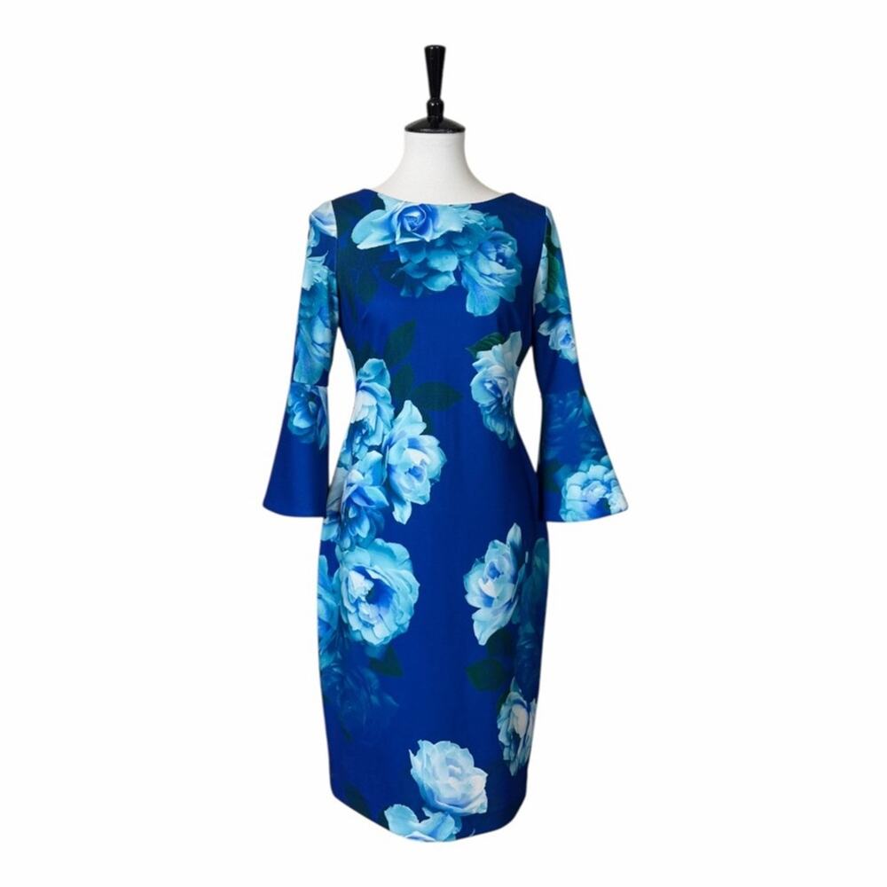 Calvin Klein Blue Multi Floral Bell Sleeve Scuba Sheath Dress Women’s Size 6